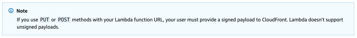 If you use PUT or POST methods with your Lambda function URL, your user must provide a signed payload to CloudFront.  Lambda doesn't support unsigned payloads.