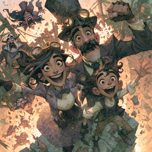 Steampunk heroes crossing the bridge, but villains plunging into the abyss behind them